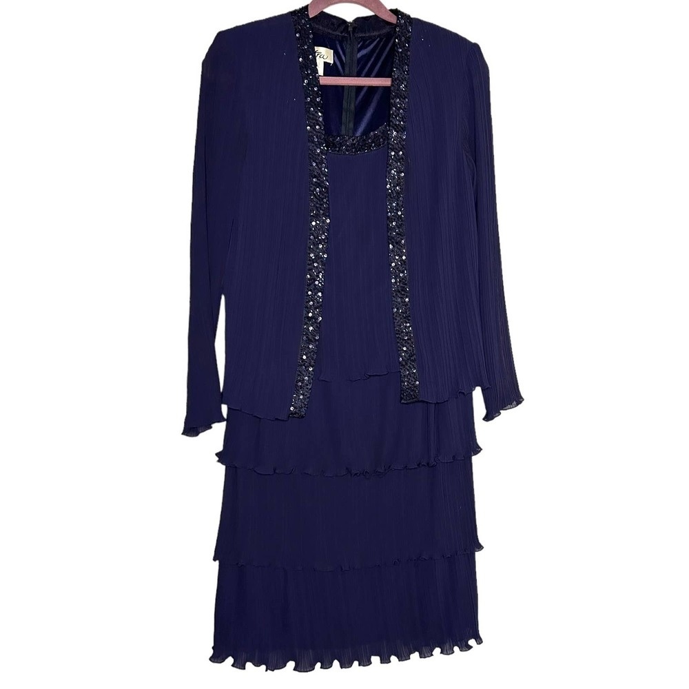 Vintage Purple/Blue Pleated, Tiered, and Beaded Dress